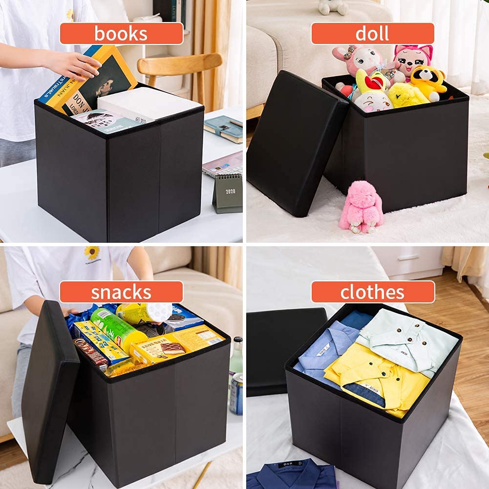 GREAT Puff Taburete para almacenaje Plegable Pack 2 Unidades Carga máxima de 300 kg 38x38x38cm, Otomano Asiento (Pack 2 Unidades, Gris Tela)