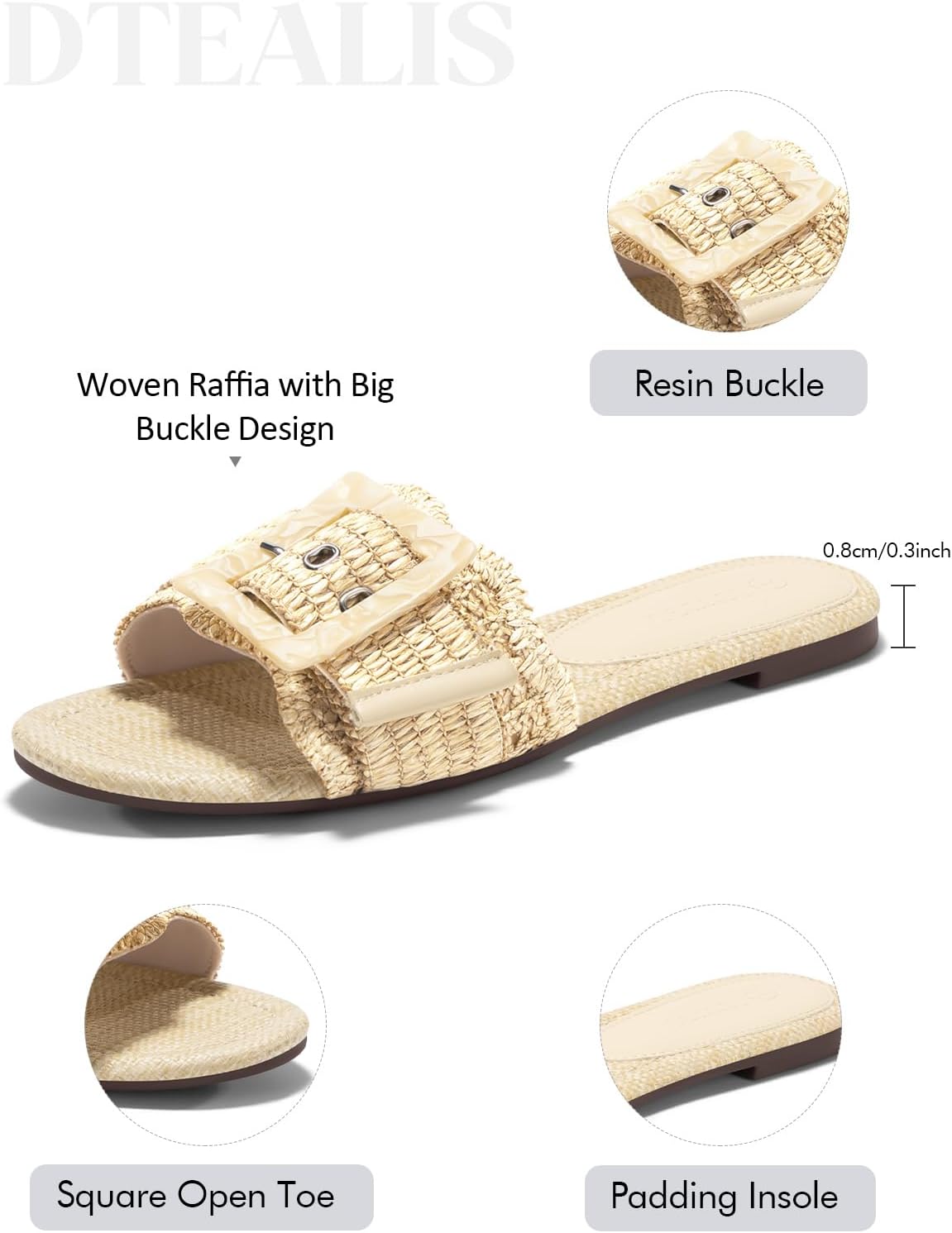 Coutgo Womens Flat Sandals Raffia Slip On Slide Sandal Square Open Toe Buckle Summer Beach Shoes Flats - Image 7