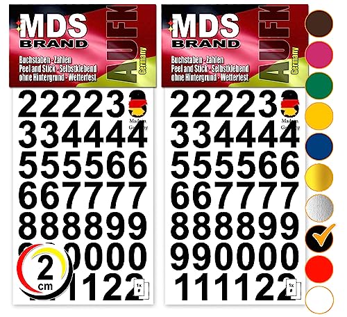 MDS Brand Design 2cm Zahlen Aufkleber | Selbstklebende Klebezahlen | Vinyl Hausnummern für Briefkasten, Mülltonnen, Büro | Zahlen für Außen & Innen Peel (Schwarz)