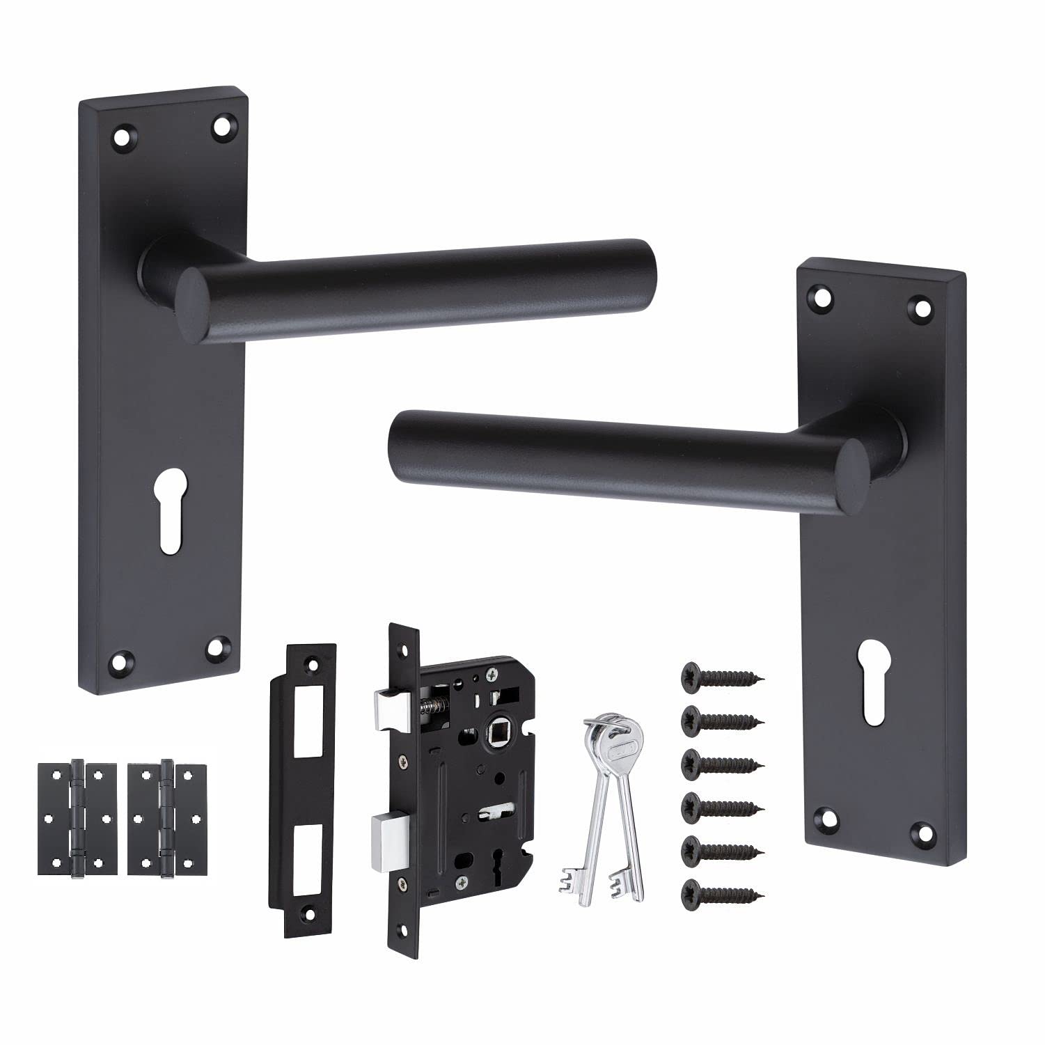 Golden Grace Matt Black T-Bar Lever Backplate Black Door Handle - Complete Packs With Latch Lock, 1 Pair Of 3" Ball Bearing Hinges - Finish