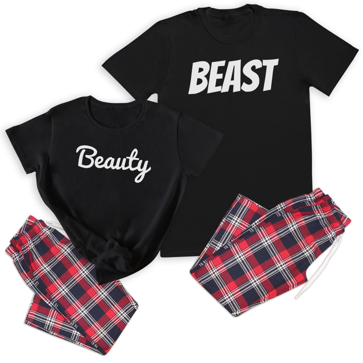 Beauty & Beast - Couples Matching Pyjamas - Top & Tartan PJ Bottoms - (Sold Separately) Black