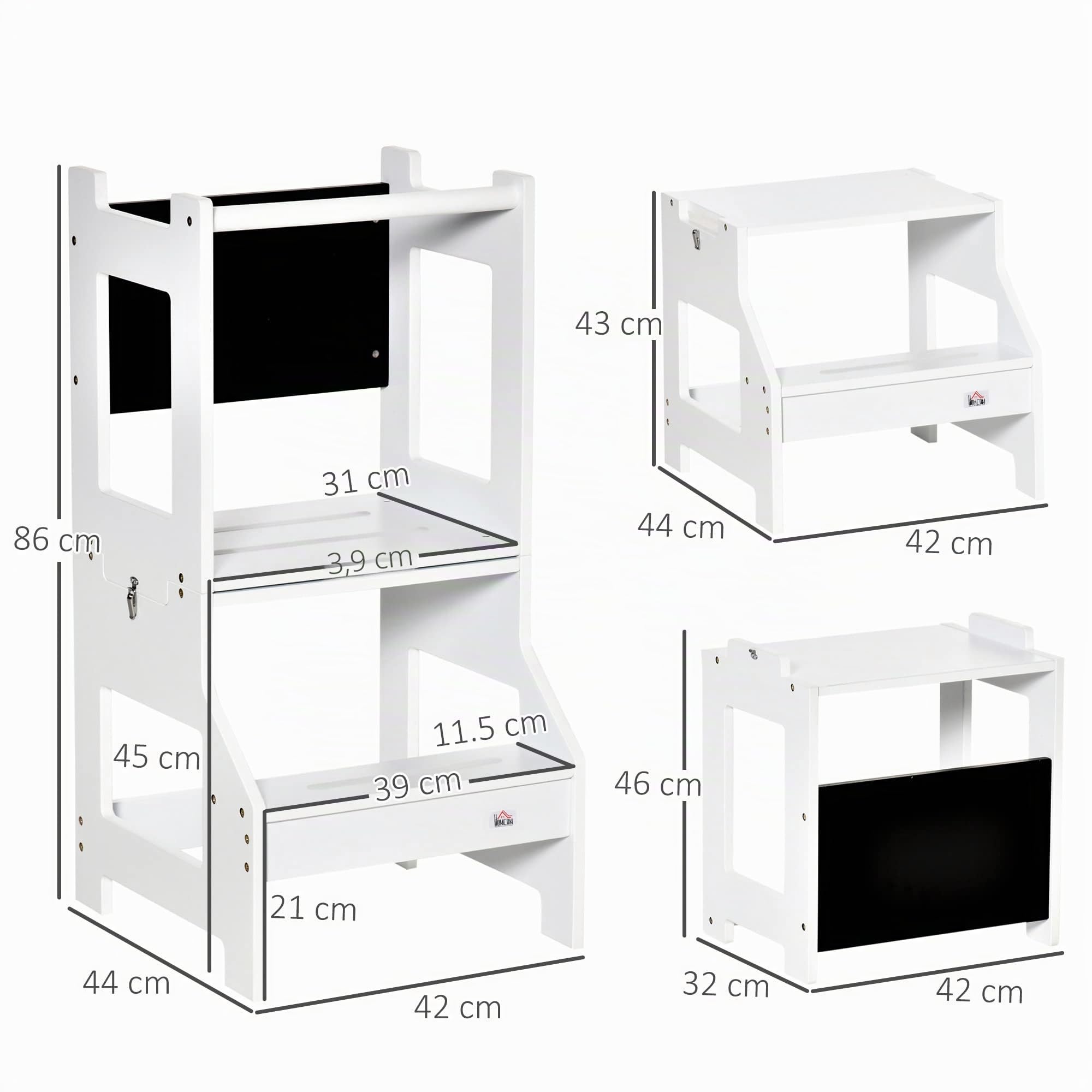 HOMCOM Scala Montessori 2 in 1 in MDF Staccabile, Torre Montessoriana per Bambini 3-6 Anni, Torre di Apprendimento con Sgabello, Lavagna, Corrimano e Parapetti inclusi, Bianco