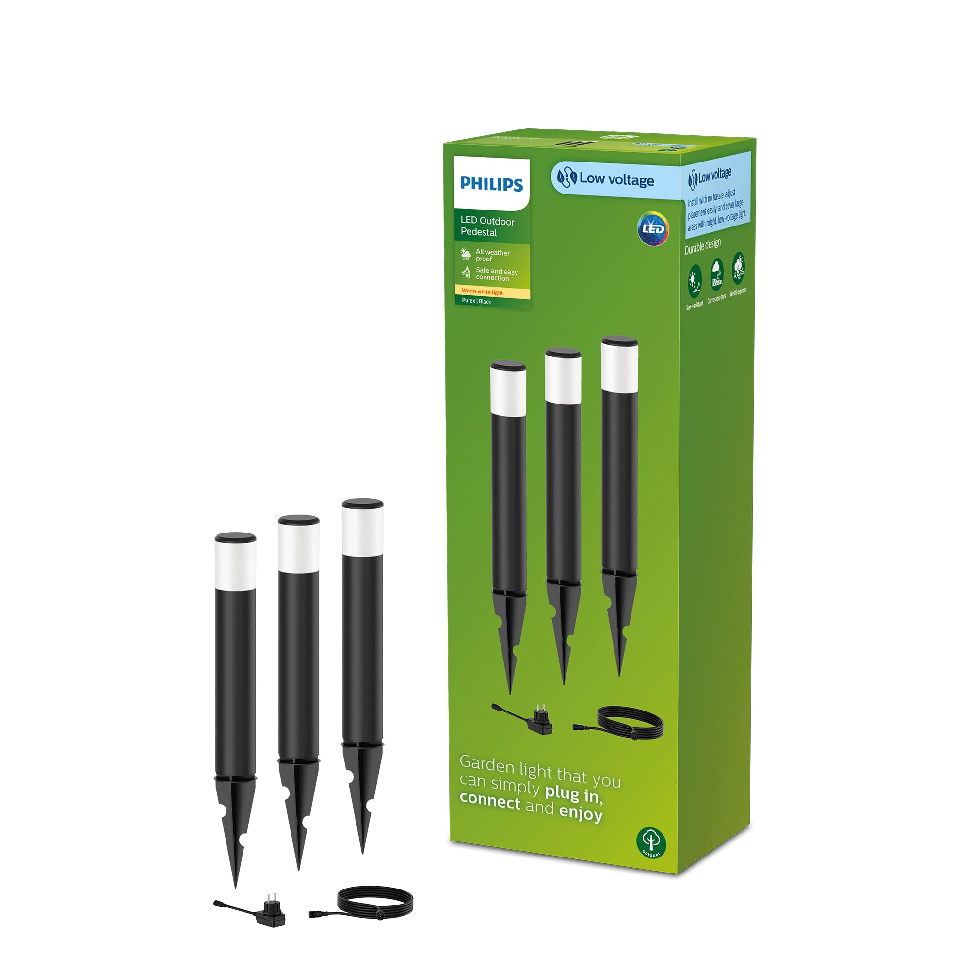 Philips Outdoor Niedervolt Purex Sockelleuchte Spiess 3er Set 3x1,5W, 24V, 2700 Kelvin, IP67 wasserfest, schwarz