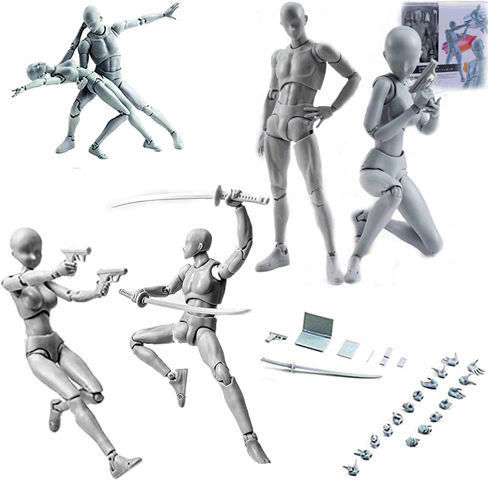 Action Figures Body-Kun DX & Body-Chan DX PVC Model SHF(Grey Color) with Box Drawing Figure Models for Artists (Male+Female)
