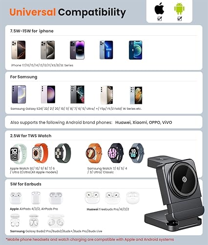 Miniatura 7 de Cargador inalámbrico plegable, estación de carga 3 en 1 para Apple Samsung, soporte de cargador magnético, estación de carga rápida de 15 W para