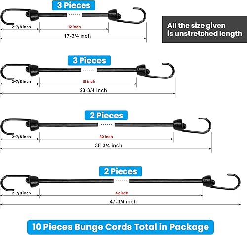 Miniatura 8 de Cuerdas elásticas pequeñas con ganchos de varios tamaños de 12 pulgadas, 18 pulgadas, 24 pulgadas y 36 pulgadas de largo, ganchos de metal con