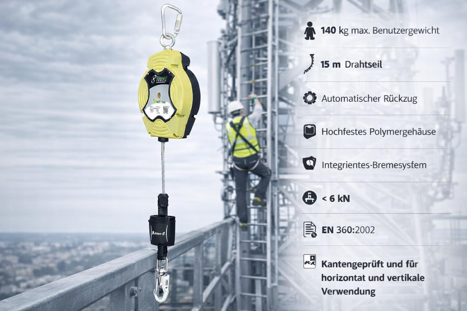 KRATOS SAFETY - HELIXON-S câble, antichute à rappel automatique 15 m, utilisation verticale et horizontale