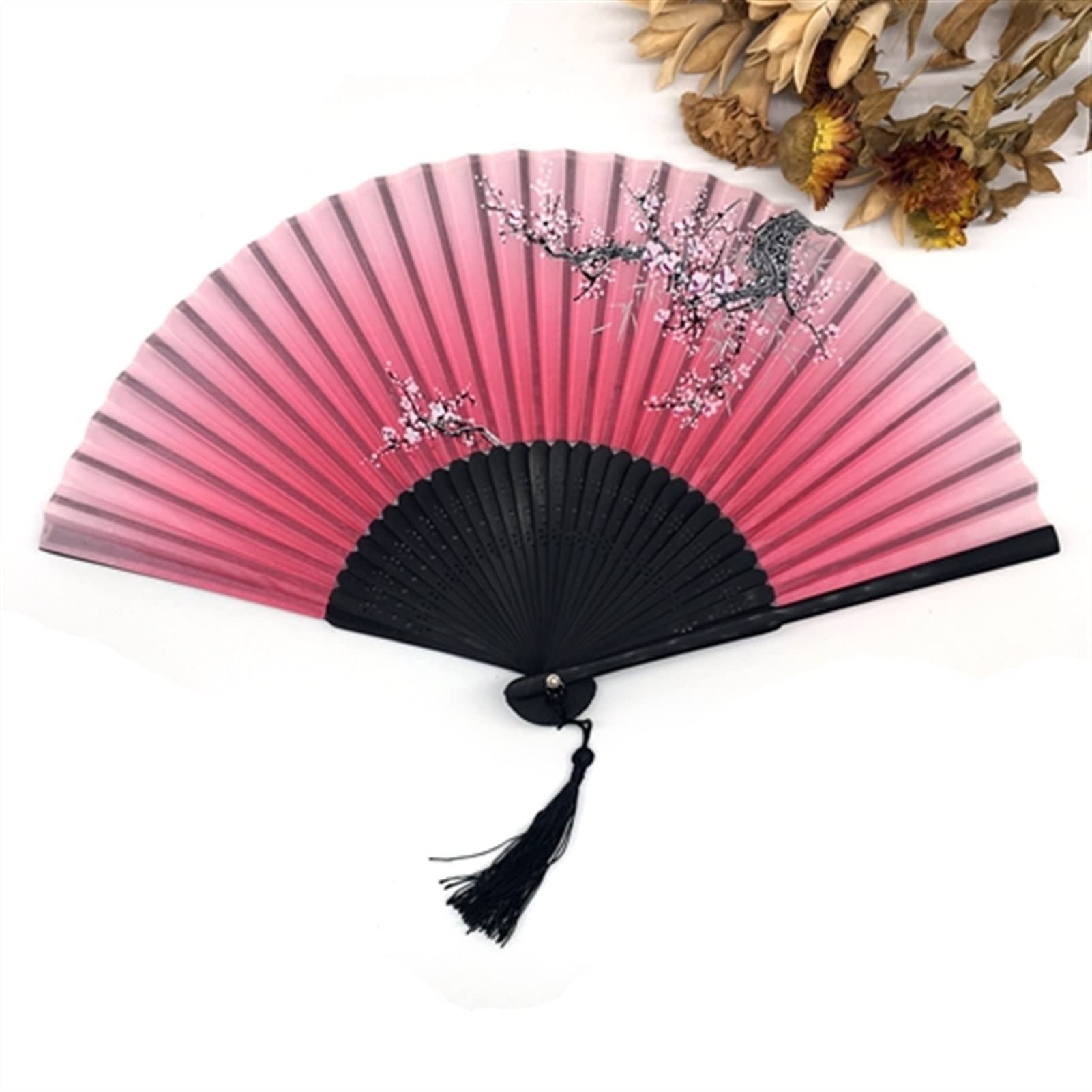 NZPOST 1pcs Vintage Chinese Spun Silk Flower Printing Hand Fan Folding Hollow Carved Hand Fan Event & Party Supplies for Dance,Party Props Decoration (C)