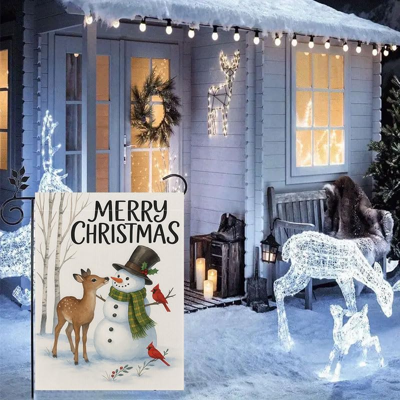 Miniatura 9 de Bandera de jardín de Navidad de 12 x 18 pulgadas, muñeco de nieve de Feliz Navidad con pancarta de ciervo y cardenal, bandera de invierno para patio