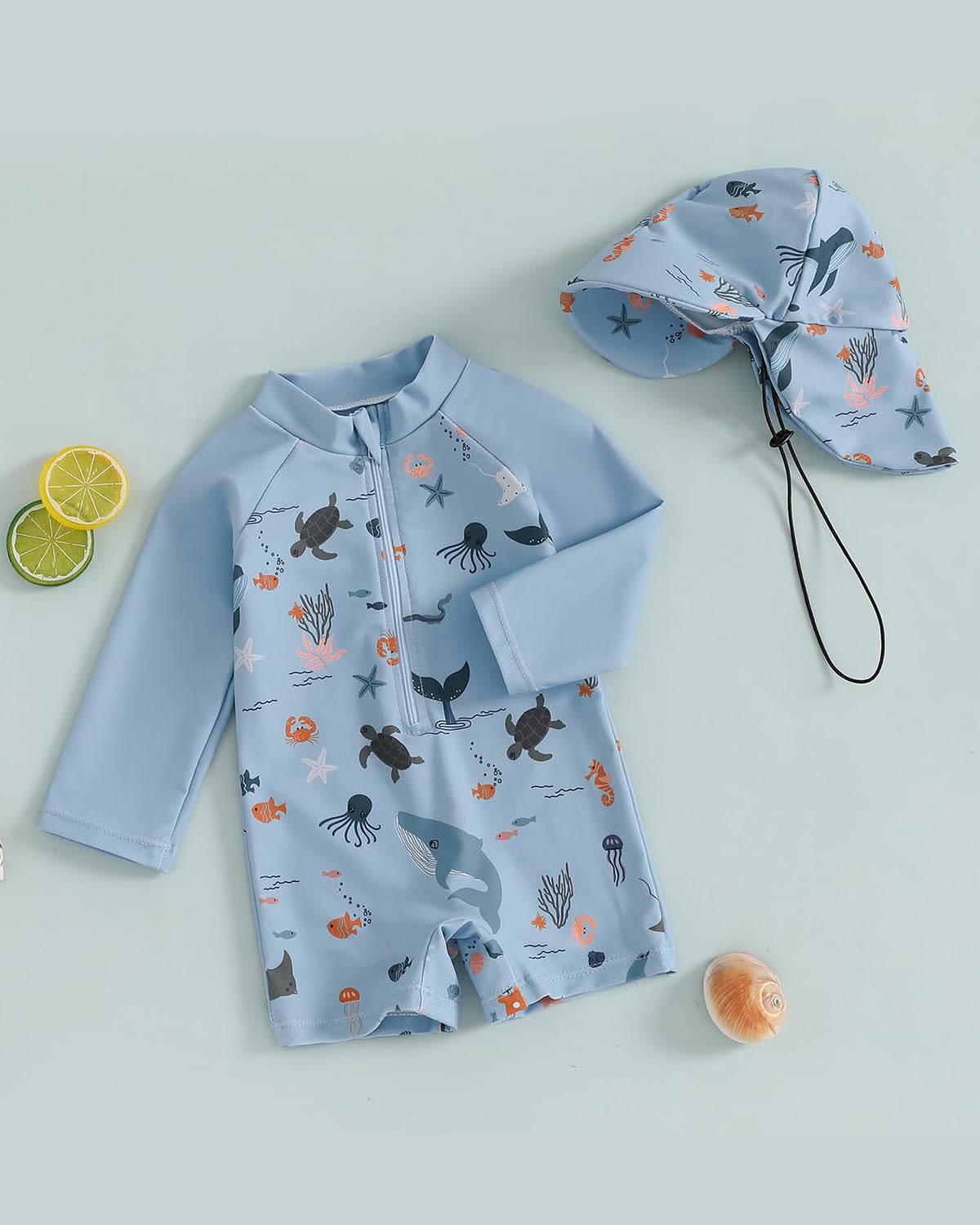 WYTbaby Costume intero da bagno per bambini, a maniche lunghe, con cappello da sole