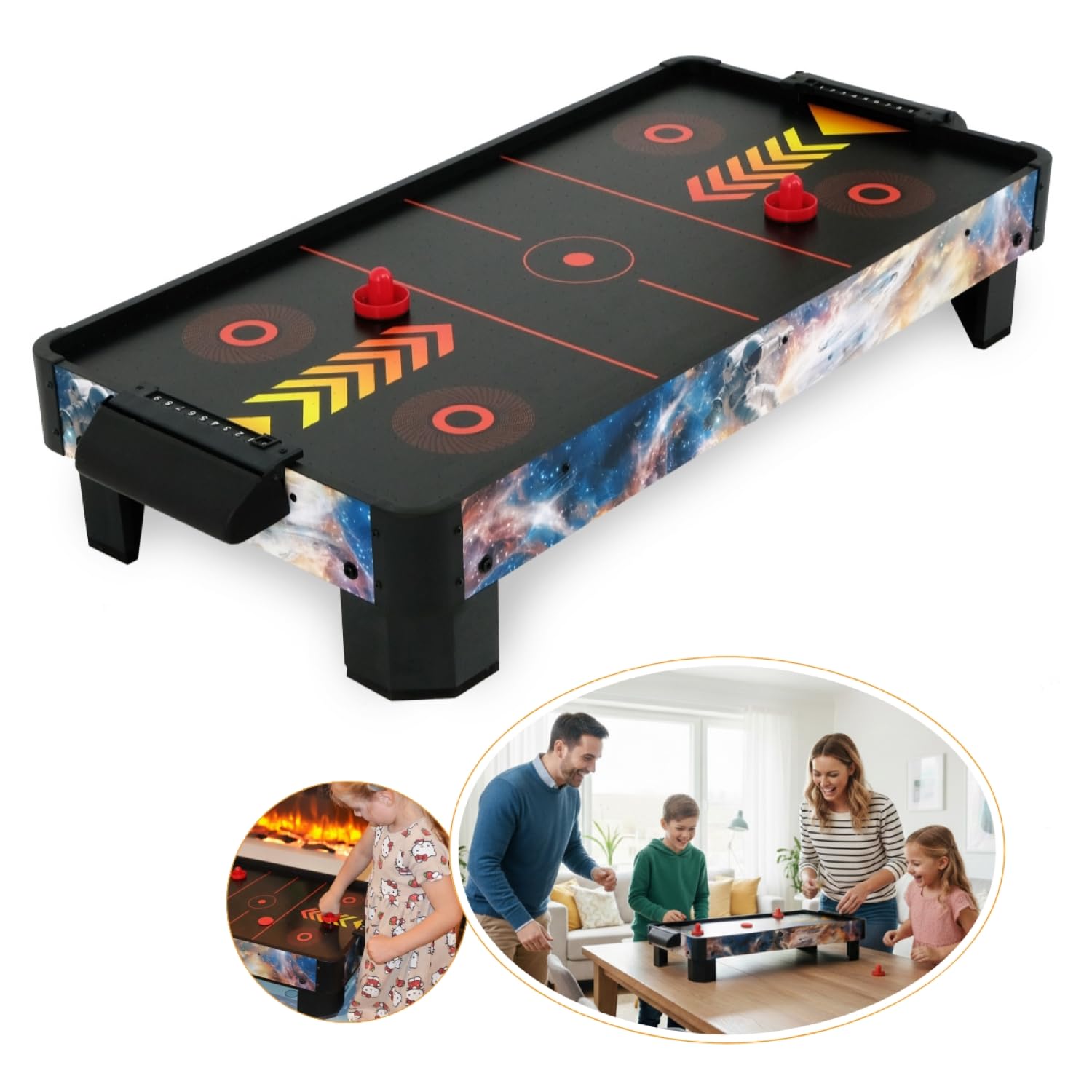 Airhockeytisch für Kinder ab 6 Jahre, Airhockey Game für Tisch mit Gebläse/Motor, Air Hockey Table Top Tischauflage für 2 Spieler inkl. 4x Pusher, 4x Pucks, Torzähler, Zero-G Battle 102x52x20 cm