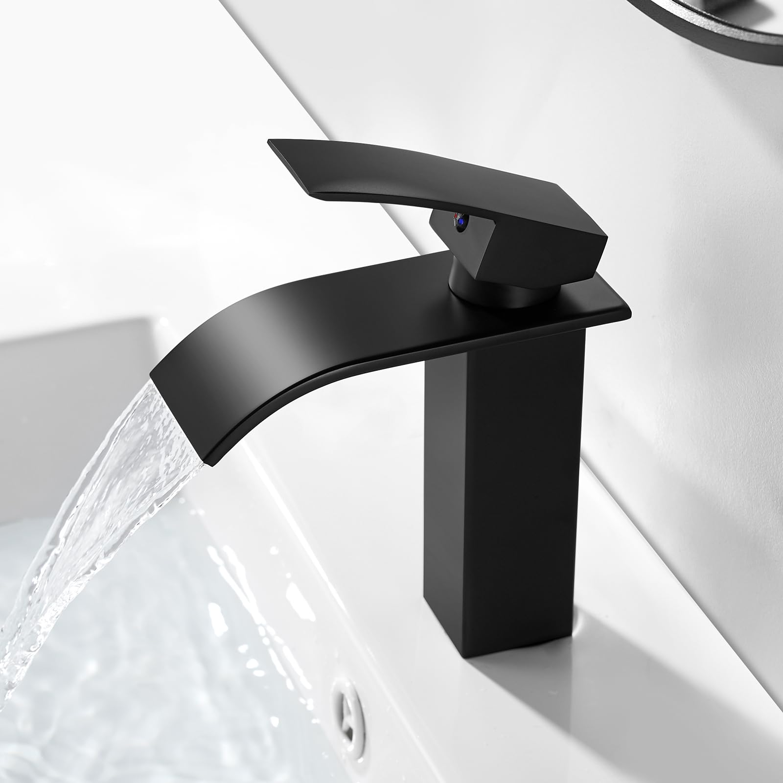 Basin Mixer Taps Waterfall Black Monobloc Basin Sink Tap 1 Hole, Modern Square Cloakroom Faucet, Single Lever Washroom Faucet with G1/2 UK Standard Fittings
