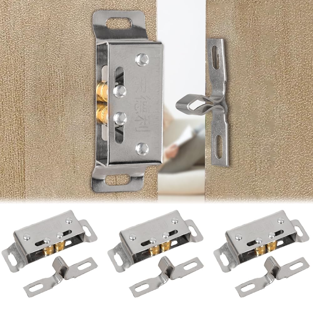 Stainless Steel Door Close Latch Double Roller Catch Cupboard Cabinet Home Kitchen Tools，,3 Pieces