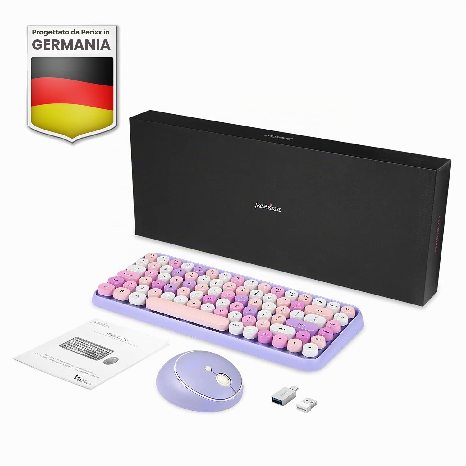 Perixx PERIDUO-713PP ES - Set di mouse e mini tastiera wireless 2,4 GHz, tasti rotondi stile retrò, per PC e tablet, viola pastello, spagnolo QWERTY