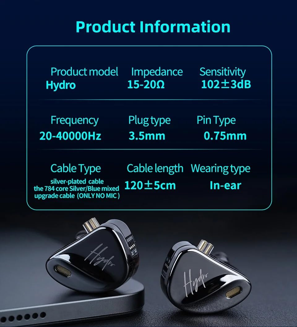 CCA Hydro 20-Treiber-Flaggschiff-IEM (2DD + 8BA pro Ohr), 4-Wege-Frequenzweiche Hybrid-In-Ear-Monitore, HiFi-Ohrhörer mit 4-Tuning-Switch, 26 dB Geräuschisolierung für Audiophile (hydroschwarzes
