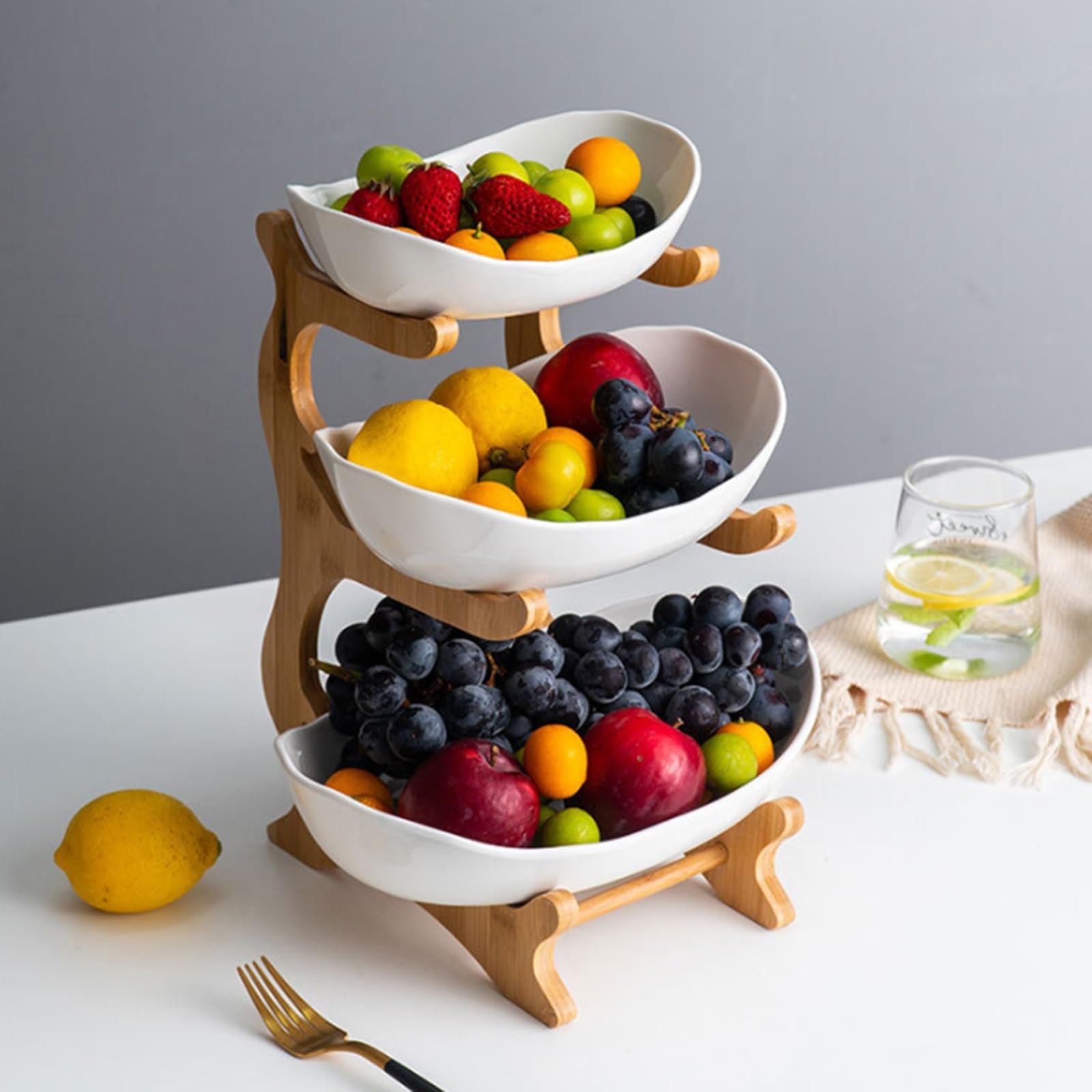 Zhaoj24-05 White Fruit Racks 3 Tier Ceramic Fruit Basket Bowl Set W/ Wooden Stand Rack Candy Dish Serving Kitchen Holder Storage(White)