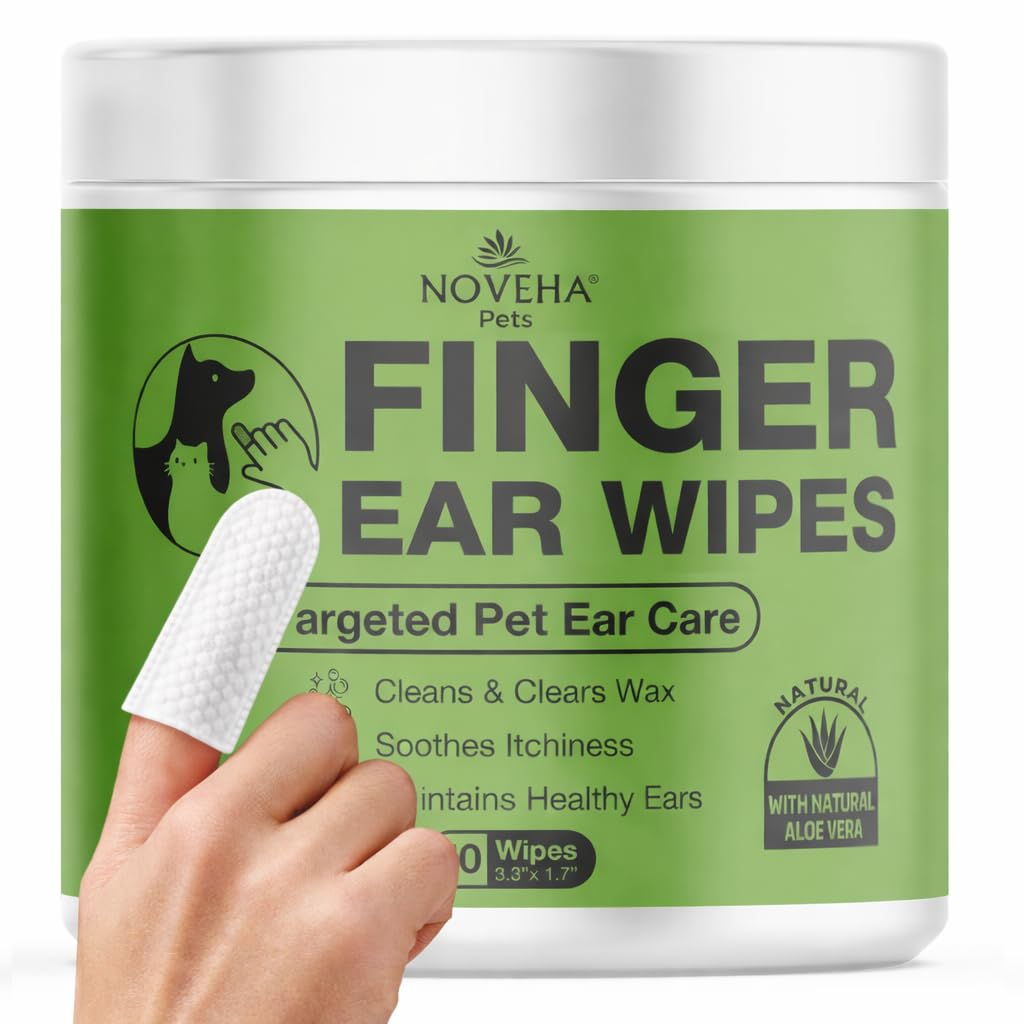 NOVEHA 50PCs Dog Ear Wipes Finger Glove Fit | Easy Ear Cleaning for Dogs & Puppies, Cats & Kittens | Gentle Pet Ear Cleaner Finger Wipes for Puppy, Kitten & More | Cat & Dog Ear Wash | Pet Supplies