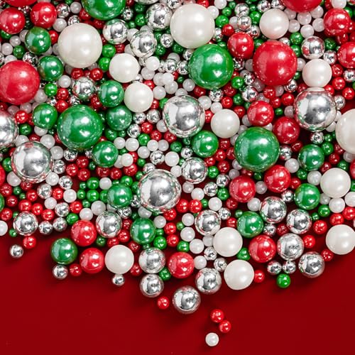 Image of Edible Christmas Sprinkles Pearls for Cake Decorating,130g Red Green White and Silver Pearl Mixed,Edible Sugar Holiday sprinkle for Cupcake Toppers, Cookie, Ice Cream Decorations Christmas Party