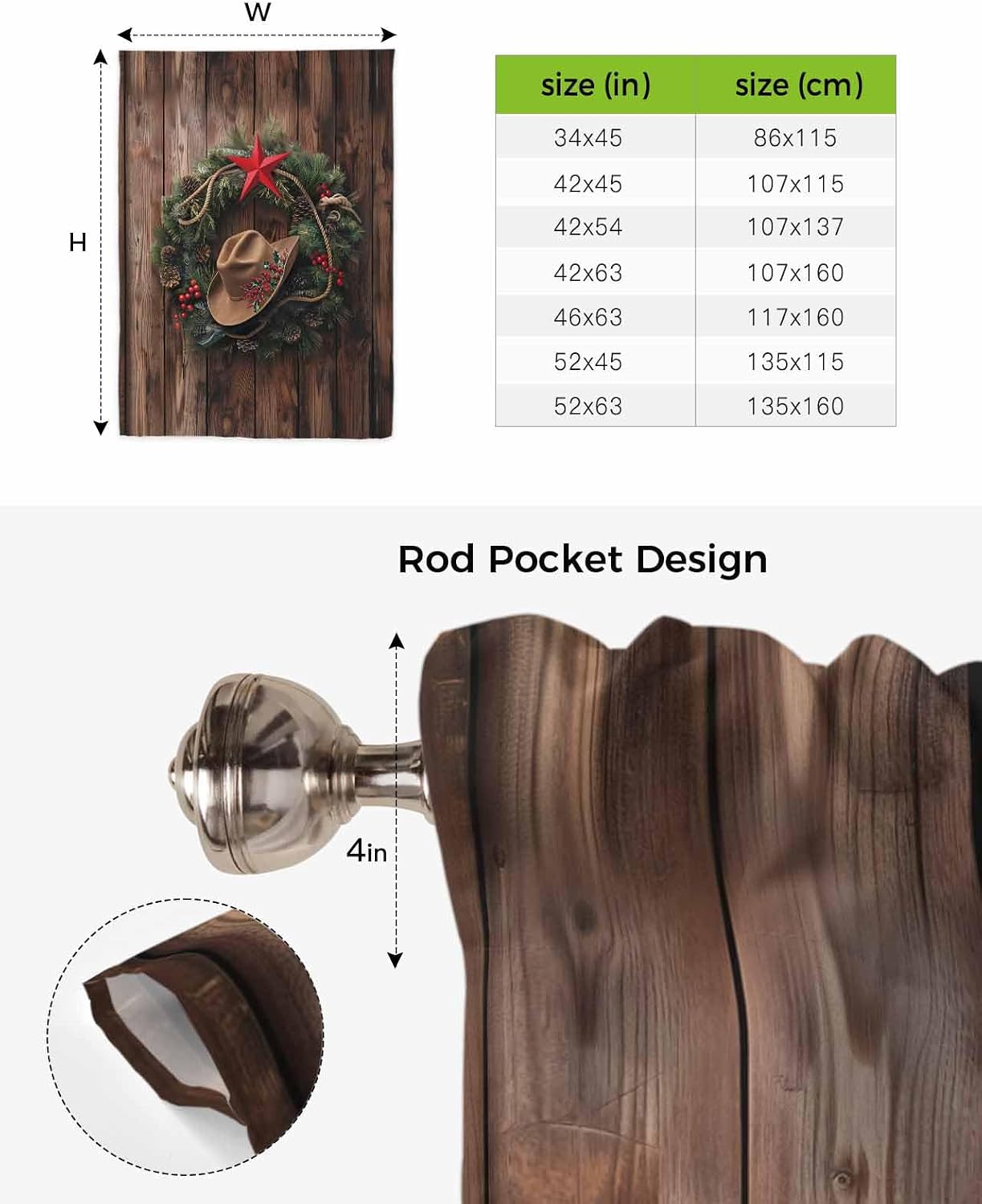 Christmas Cowboy Garland Tie Up Curtain for Window Blackout Balloon Valance Curtain for Bathroom Winter Xmas Berry Wooden Grain Adjustable Window Shade for Kitchen Living Room Bedroom 52"Wx63"L