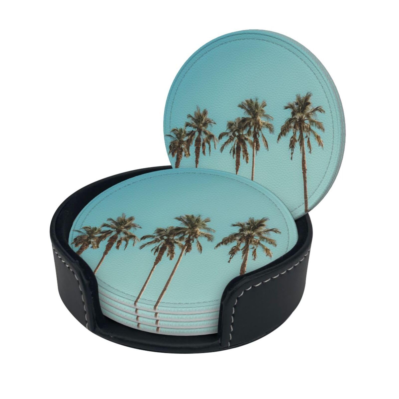 Palm Tree Print Coaster,Round Leather Coasters with Storage Box for Wine Mugs,Cold Drinks and Cups Tabletop Protection (6 Piece)