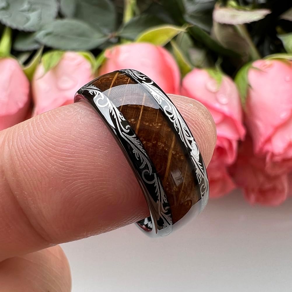 TUTISS 8mm Black Tungsten Rings for Men Women Whiskey Barrel Wood Inlay Vintage Baroque Frame Leaf Engagement Wedding Promise Band Domed Polished Shiny Comfort Fit