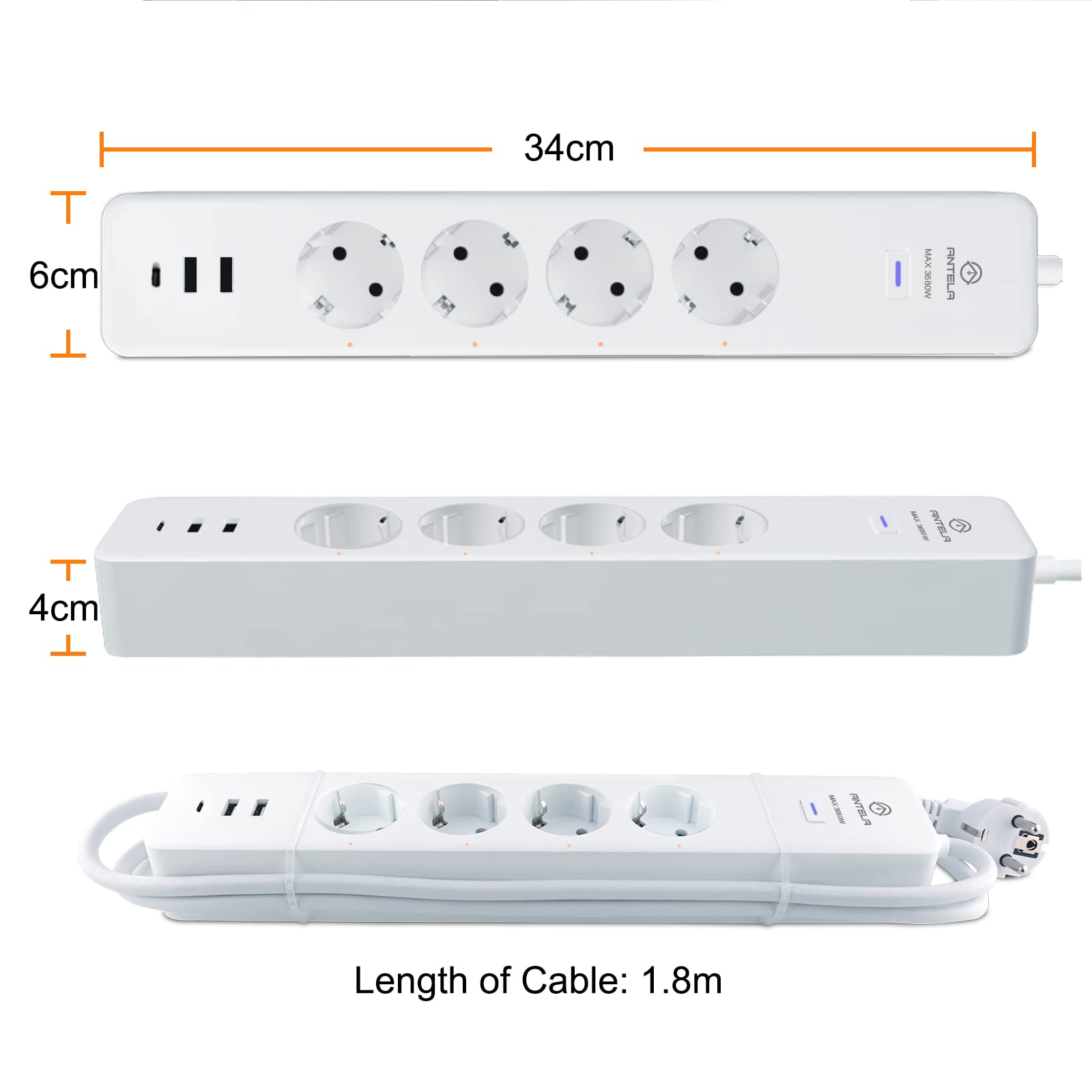 Ciabatta MultiPresa Smart Alexa,Monitoraggio Energetico,Intelligente Wifi(Solo 2,4 GHz) con 4 Prese AC e 3 USB(2A+1C), Protezione da Sovraccarico 3680W 16A,Compatibile con Google Home