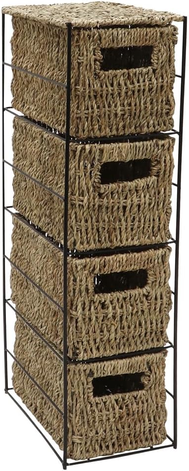 JVL Seagrass Basket 4 Drawer Tower Storage Unit with Metal Frame Home Office