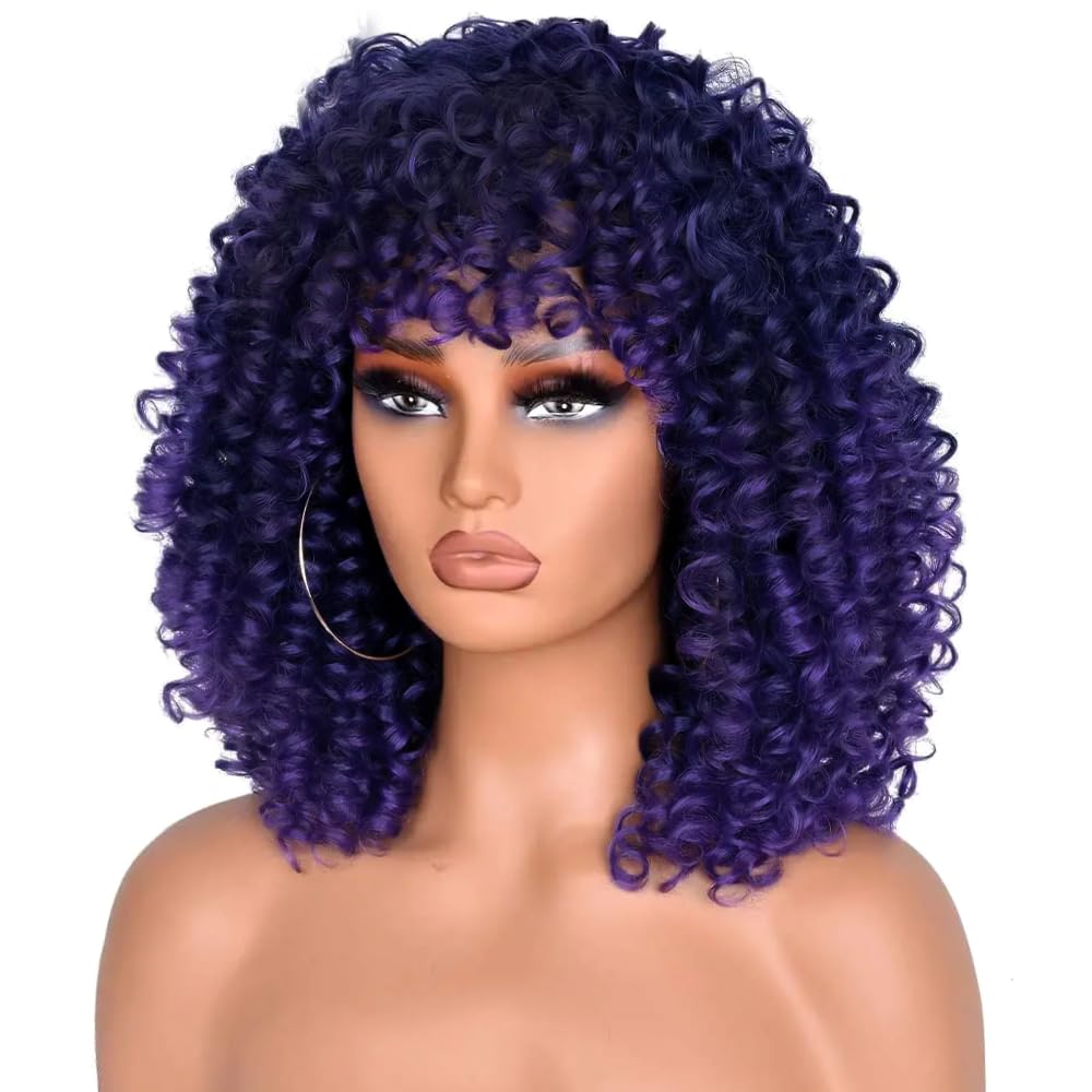 Colorful panda Deep Curly Afro Wigs for Women Medinum Length Natural Synthetic Hair Afro Kinky Curly Wig for Costume Wig or Daily Wear (Black mixed Purple) - Image 2