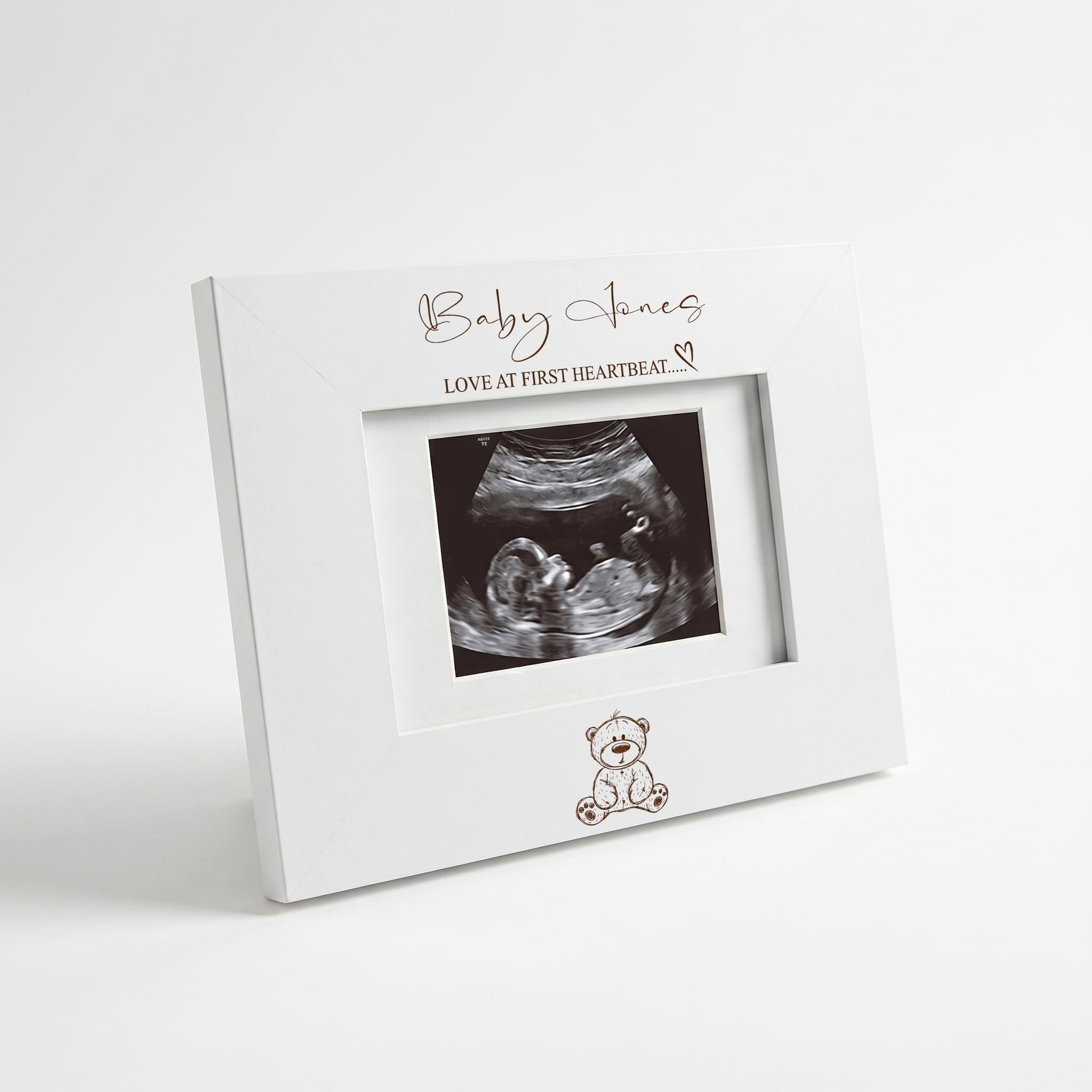 ukgiftstoreonline Personalised Baby Scan Photo Frame, White Wooden, Laser Engraved, Freestanding, Pregnancy Announcement Keepsake Gift