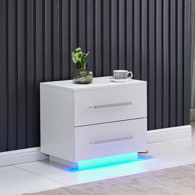 Huisenuk Bedroom 2 Drawers Beside Table with Handle LED Nightstand High Gloss, Modern Wooden Small Living Room Sofa End Side Table Corner Storage Cabinet for Small Space (White)