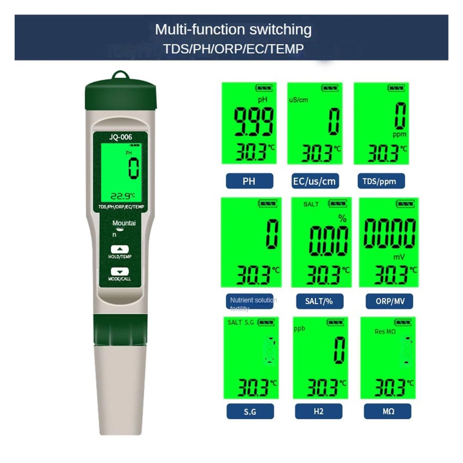 Zestaw do badania wody, 10 w 1 Monitor ści wody PH/EC/TDS/ORP/H2/Żyzność/Zasolenie/SG/Rezystywność/Temp Wielofunkcyjny tester do akwariów i basenów