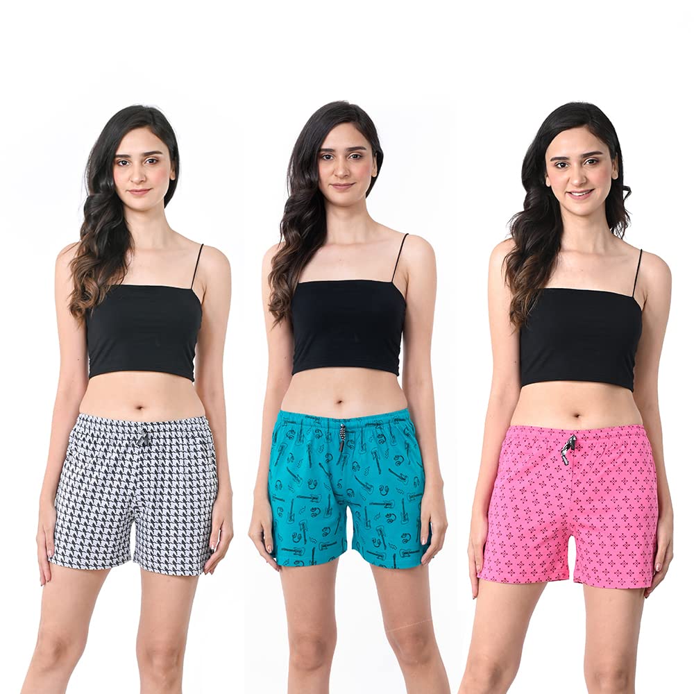 styleaone Women's Cotton Printed Multi-Coloured Shorts - Pack of 3 (M, White, Yellow & Grey)-picture-11