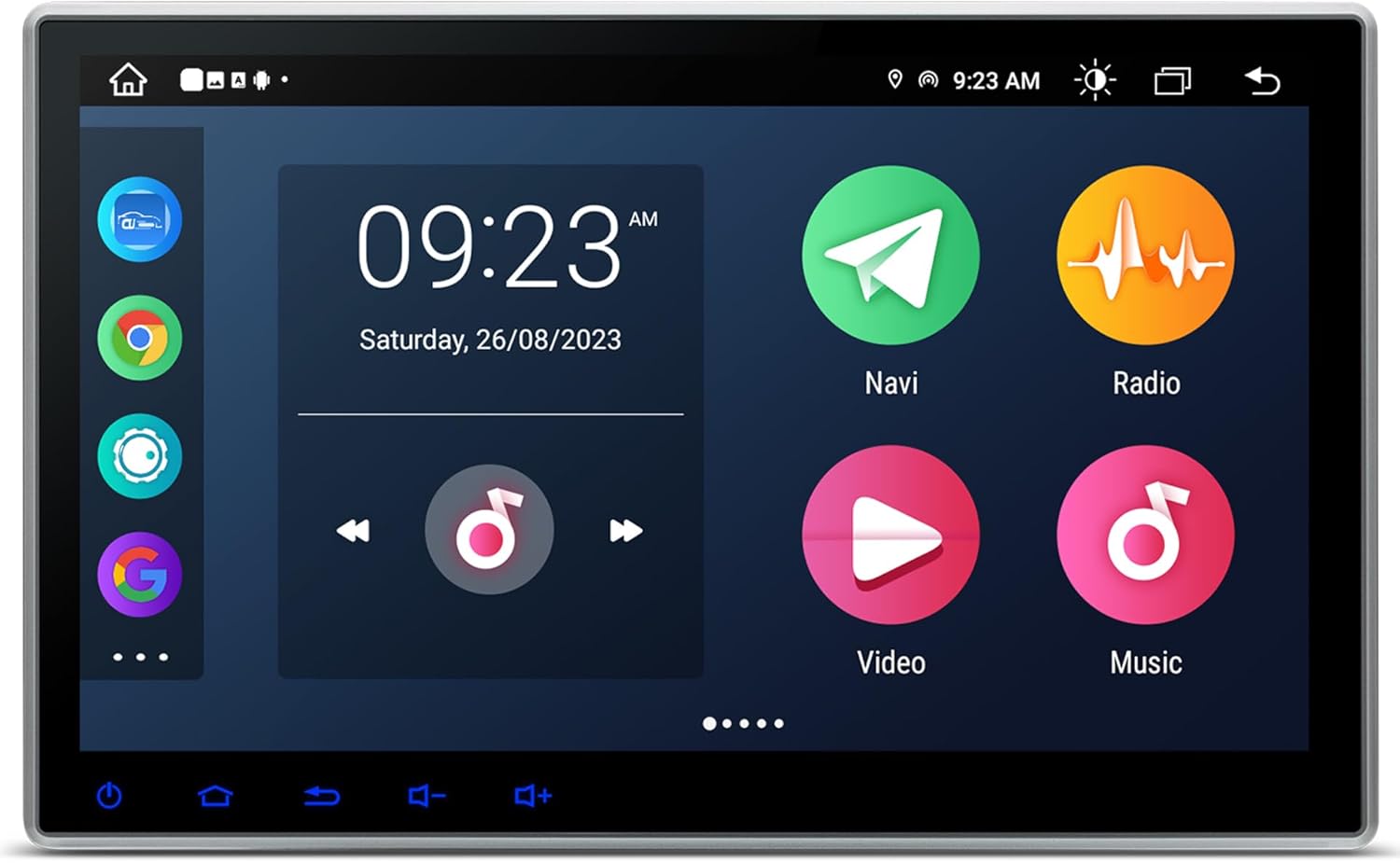 The main user interface of the XTRONS Double Din DVD Car Stereo showing various app icons and a clock widget.