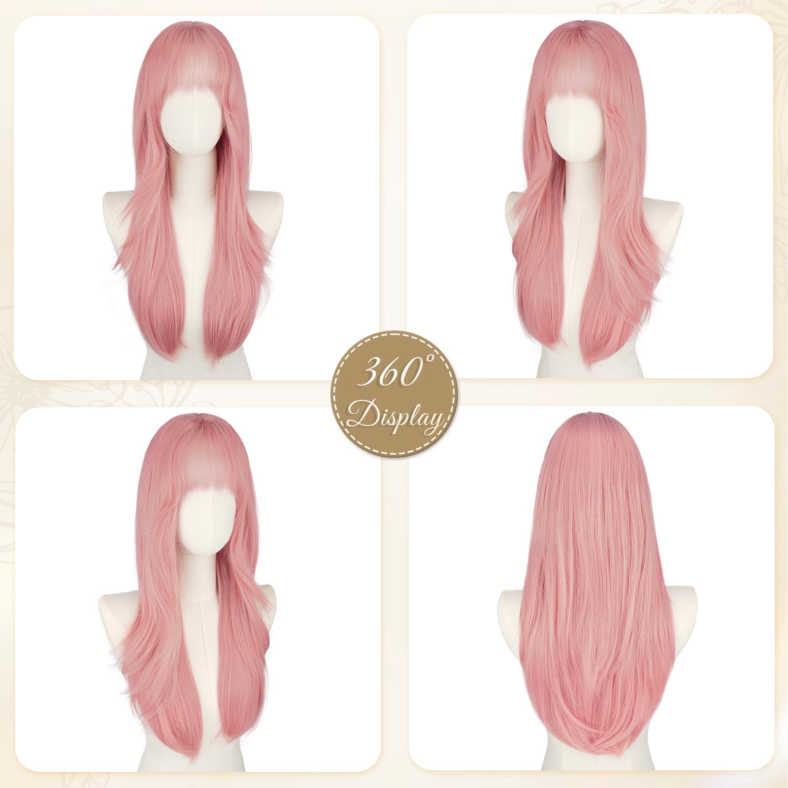 RUWISS Perruque pour Femmes Longue avec Frange, 65cm Naturelle Layered Perruques Raccord Visage Cheveux Synthétiques Naturels Résistantes pour Usage - Rose