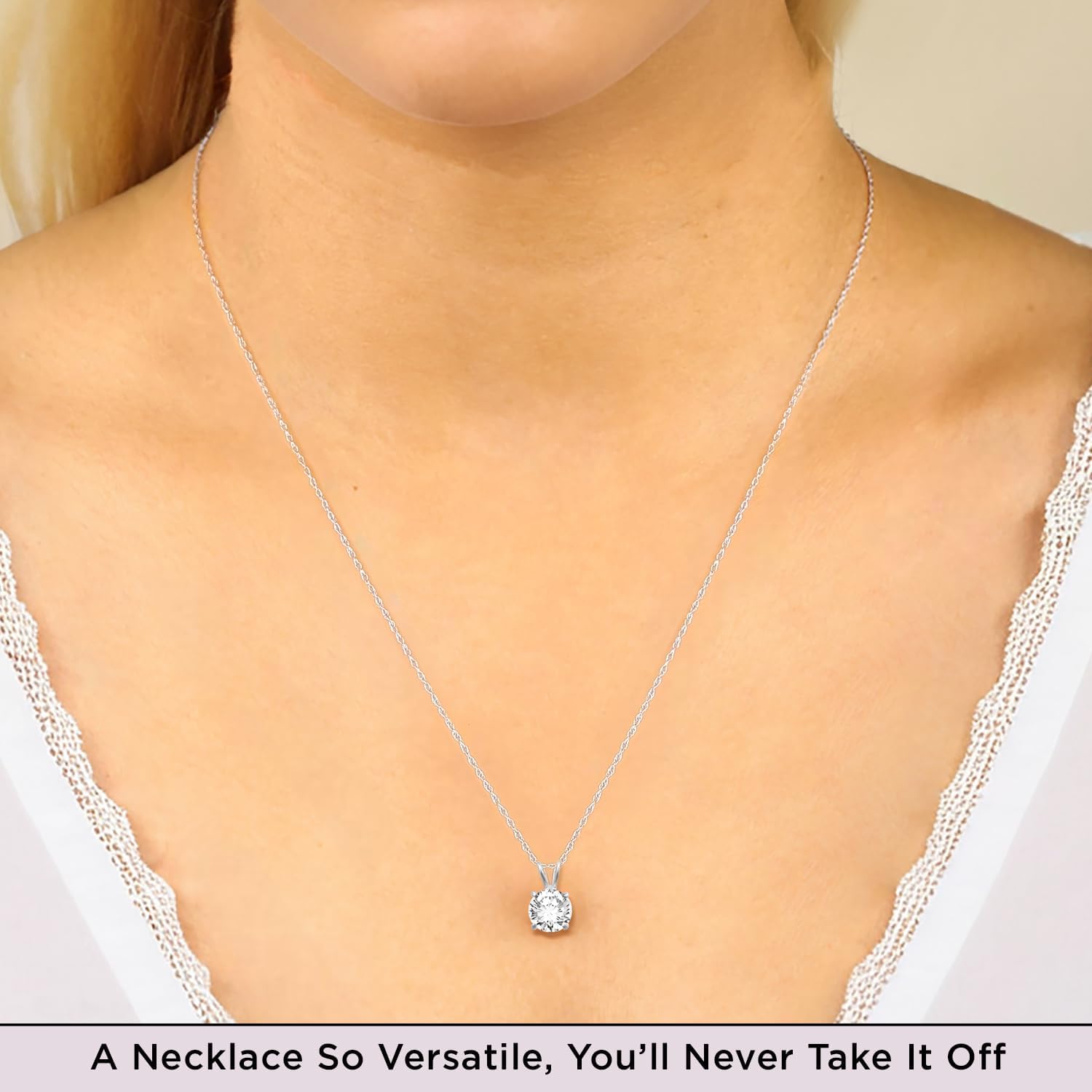 Jewelili 10K Yellow/White Gold Solitaire Pendant Necklace for Women | Dainty Round Cut White Cubic Zirconia Gold Necklace 6.5MM (1 CTW) & 7.5MM (1.5 CTW)| 18" Rope Chain| Gift Box Included