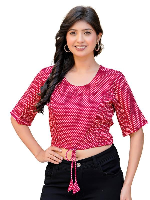 Image of Yash Gallery Women's Premium Fabric Printed Regular Fit Crop Blouse Round Neck Half Sleeve Drawstring Hem Casual Stylish Blouse