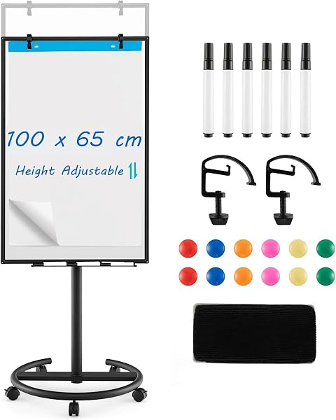 GIANTEX Stojak na flipchart 100 x 65 cm, mobilna tablica suchościeralna na kółkach, z regulacją wysokości, z półką na długopisy, zmywalna na sucho, w zestawie gumka, markery, magnesy i klipsy (czarny)