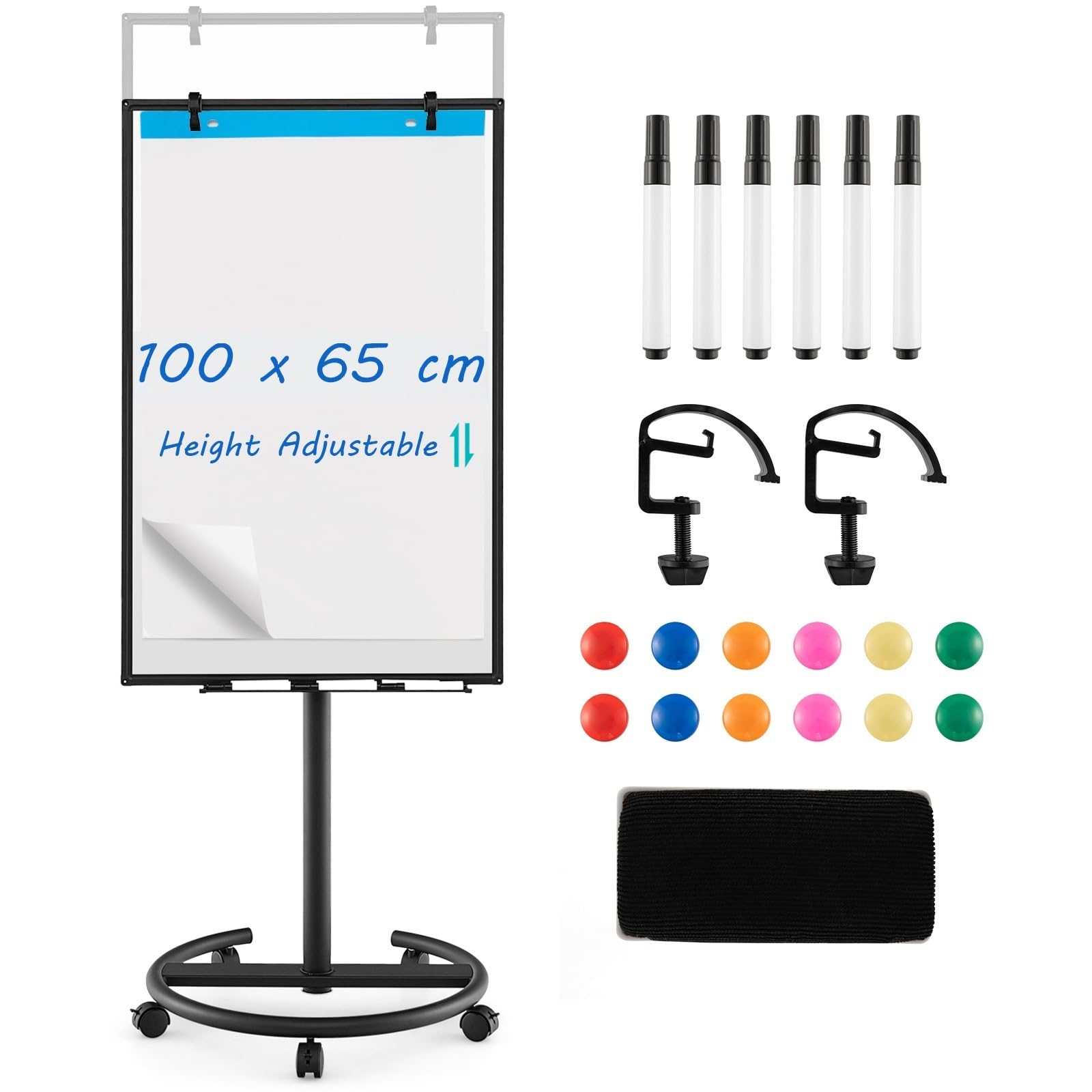 GIANTEX Tableau Blanc sur Pied 100 x 65 cm, Tableau Blanc Effacable à Roulettes, Hauteur Réglable, Face Magnétique, Porte-stylos, effaçable à sec, Gomme, Marqueurs, Aimants, Clips, Noir