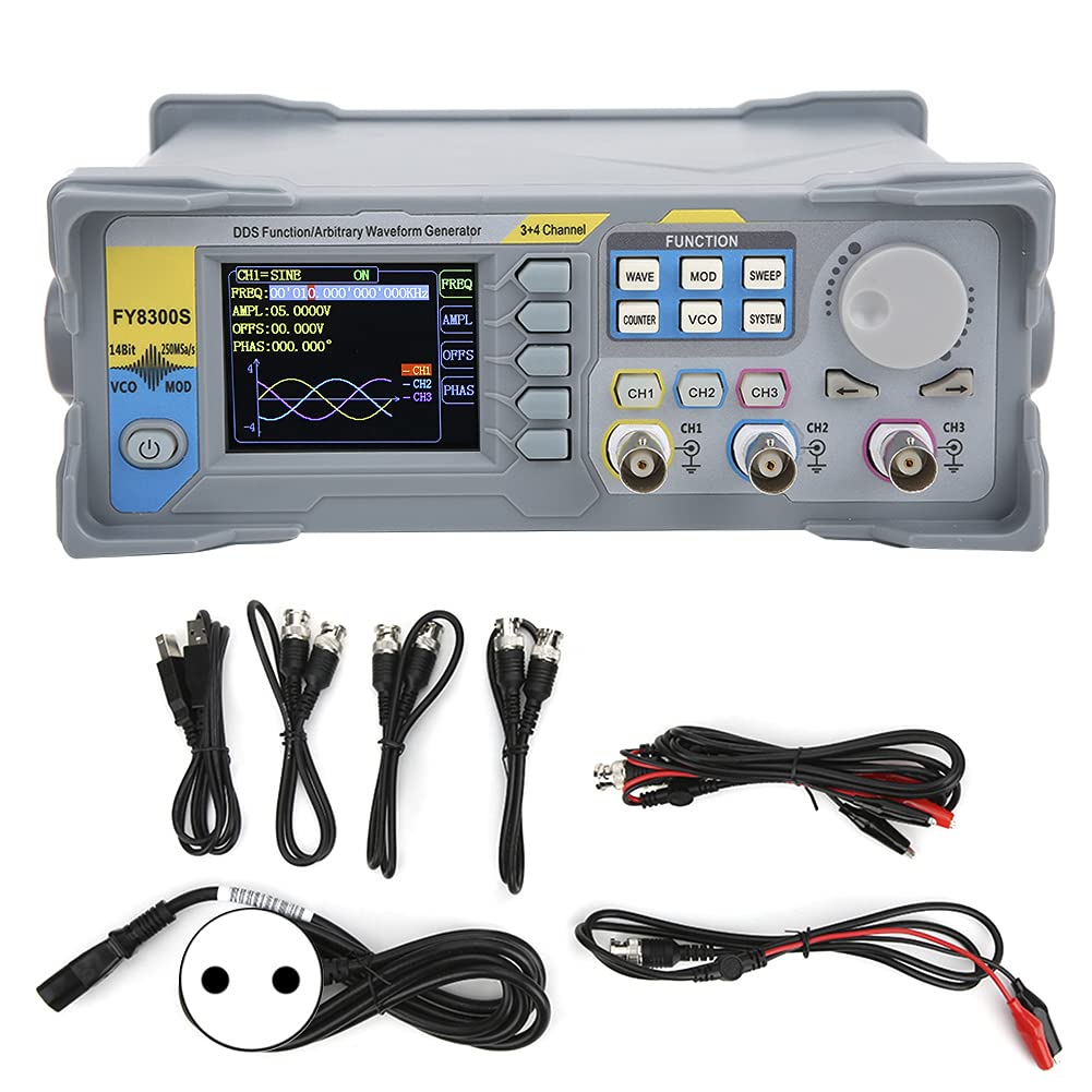 Generatore di segnali di funzioni e forme d'onda arbitrarie a 3 canali con 4 uscite TTL, sintesi digitale diretta DDS, sinusoidale da 60 MHz, campionamento 250 MSa/s, risoluzione (Enchufe europeo