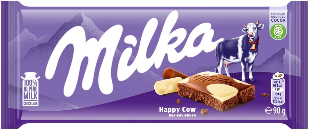 Happy Cows Alpine Milk and White Chocolate Bar, Smooth Chocolate Harmony with Cow Spot Design, 90 g (Pack of 1)