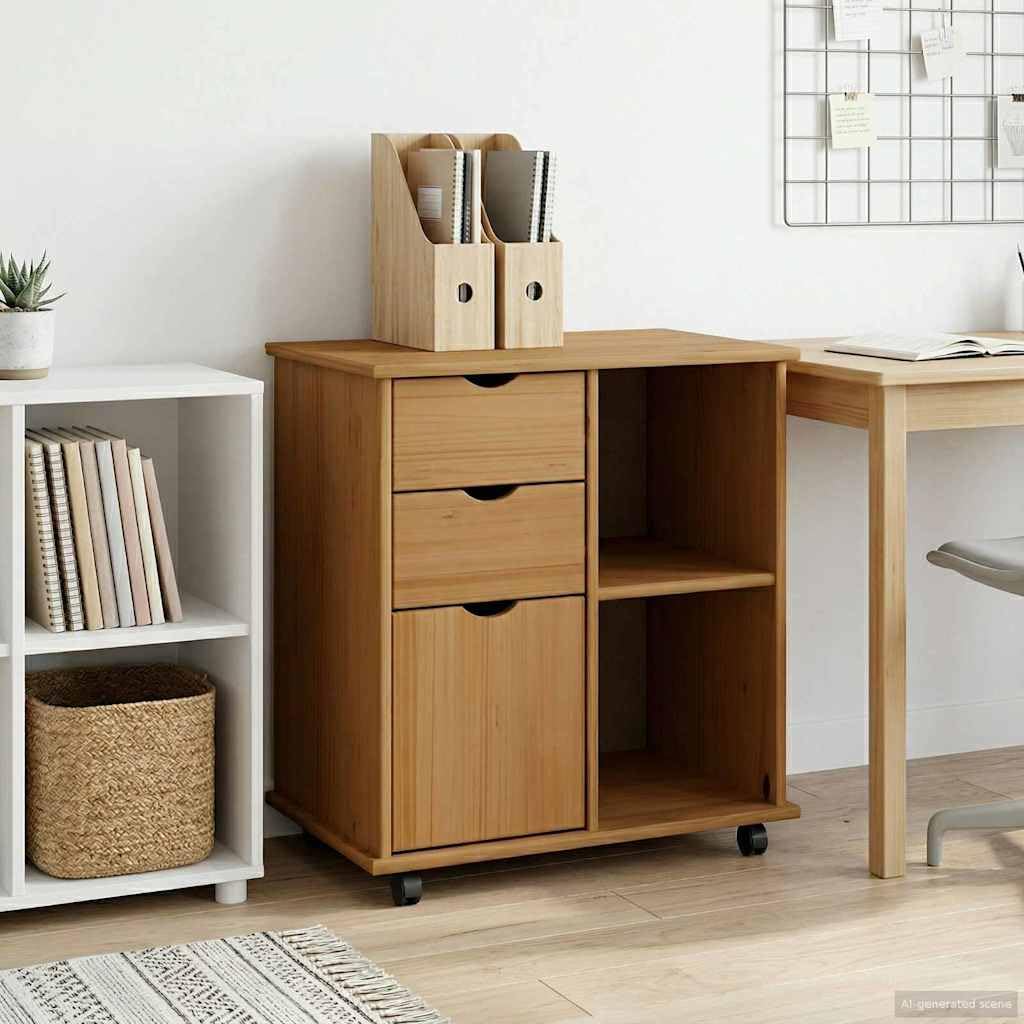 Hothingwell Szafka na kółkach z litego drewna sosnowego, brązowa, miodowa, 63,5 x 39 x 65,5 cm, szafka na kółkach z wbudowanymi półkami i uchwytami, minimalistyczny design do biura lub salonu