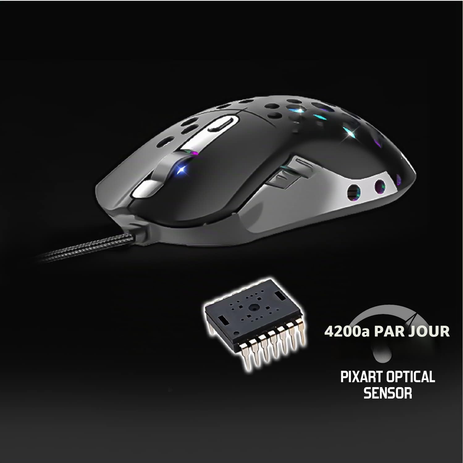 Spirit Of Gamer - ELITE M80 - Souris Gaming RGB ultra-légère - Câble flexible - Capteur optique 4200 DPI - 6 boutons programmables - Coque perforée en nid d'abeille noir - Poids : 68 g