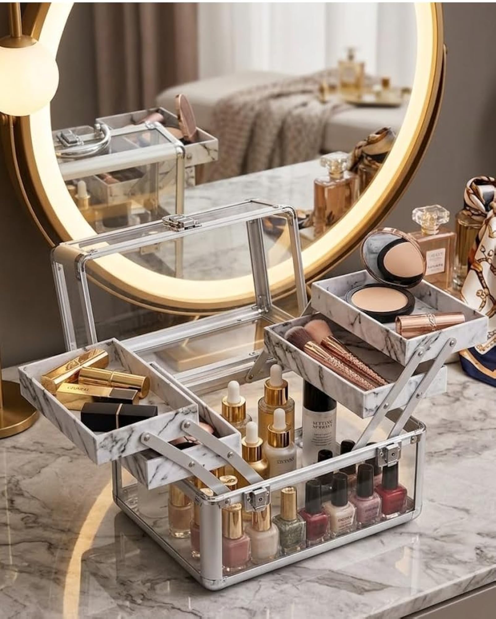 Clear Acrylic Makeup Storage Box with Fold Out Trays