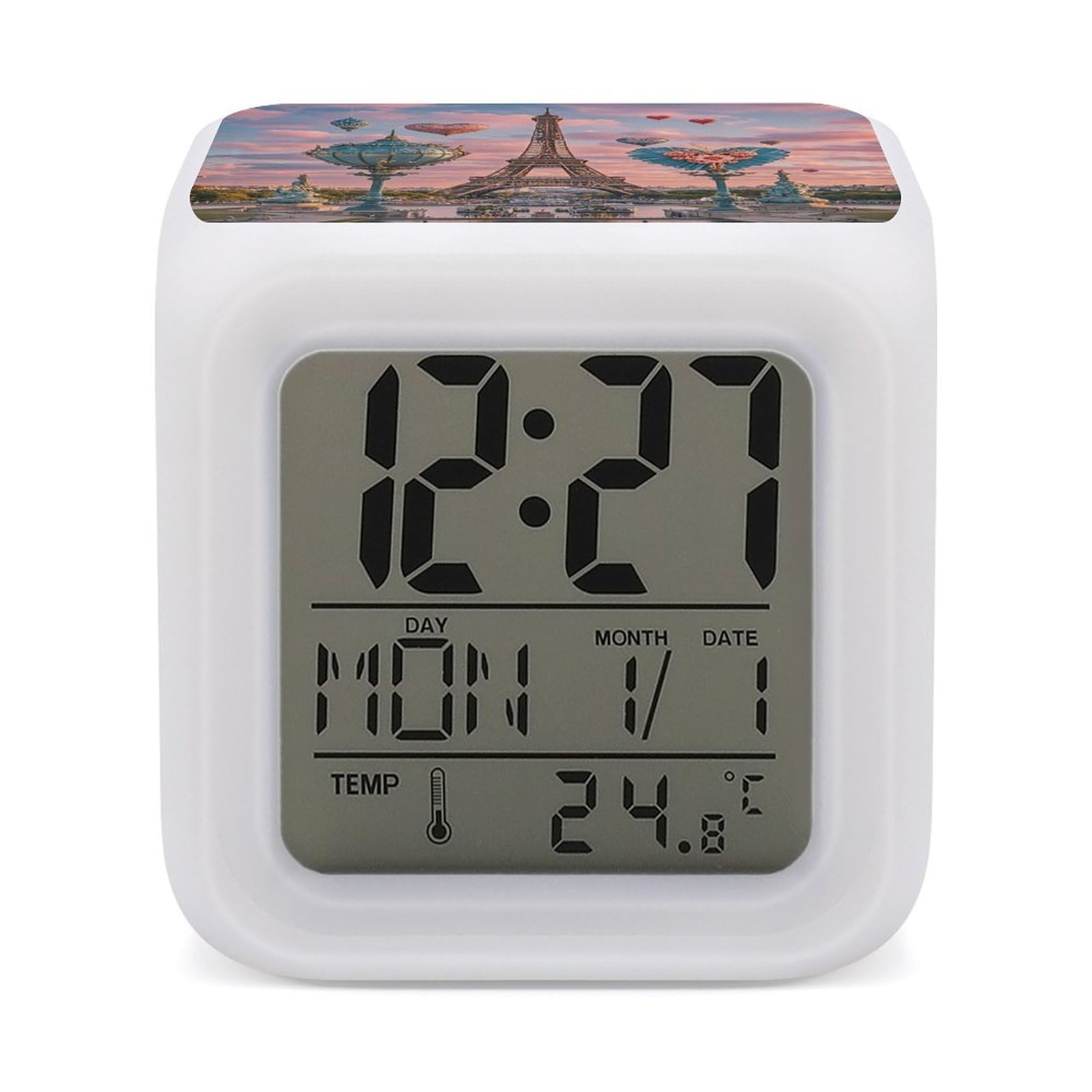 VstaDank Romantic Paris Eiffel Tower Alarm Clock 7 Color Changing LED Wake-Up Clocks Printed Home Decoration Multi-Color Night Light Digital Alarm Clock with Temperature Display for Home Office