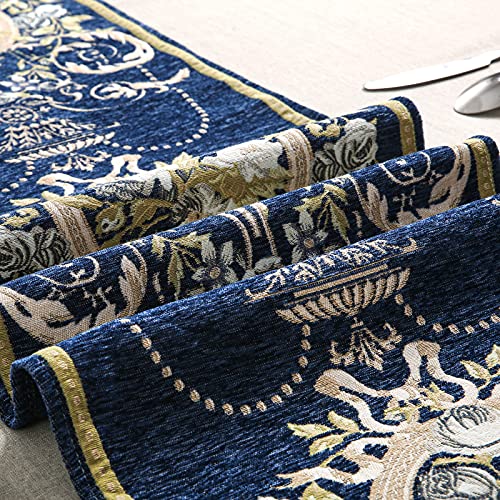 Lilspud Long Table Runner Blue 13 X 102 Inch, Large Embroidered Chenille Table Doilies With Tassel For Dressers And End Tables Farmhouse Wedding Coffee Table Decor #TOP4