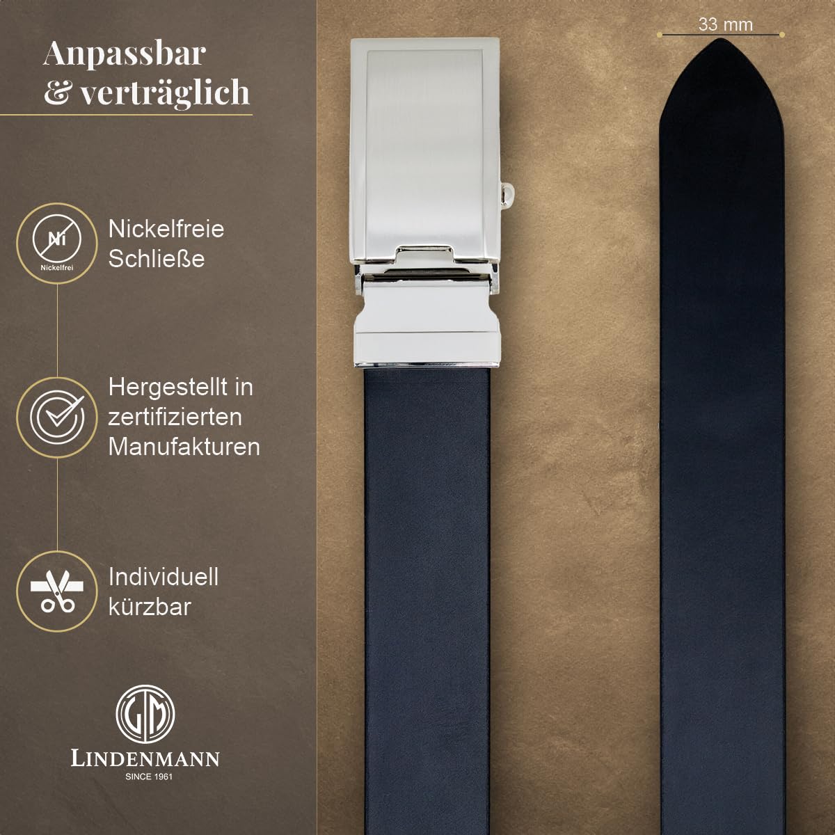 LINDENMANN Pasek skórzany męski 33 mm skóra bydlęca czarny, czarny, 120