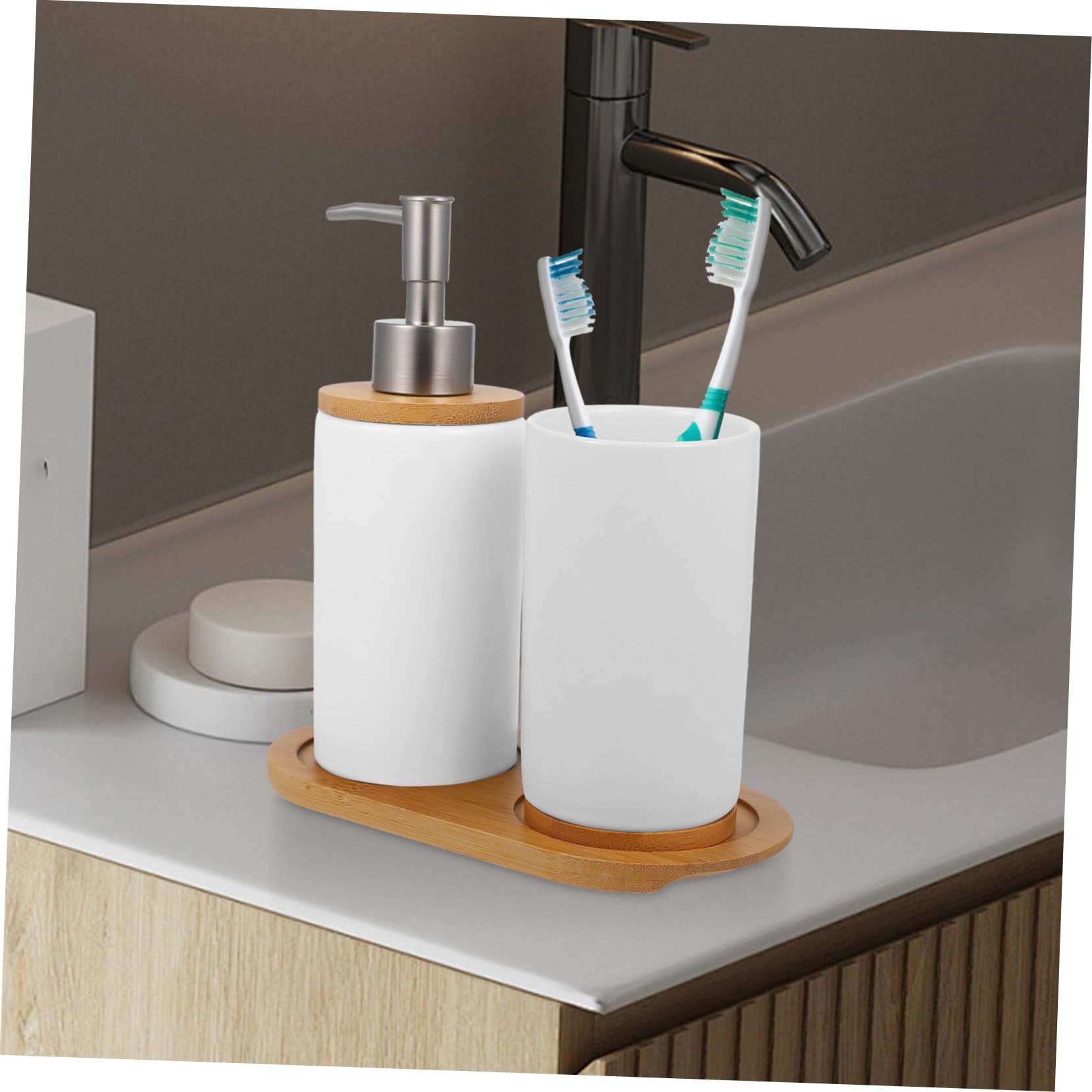 Mobestech Dispensador de Jabón y Vaso para Cepillos de Dientes Accesorios de Cerámica Blanco Conjunto de Baño Portátil y Práctico Portátil y Práctico para Baño y Tocador para Baño y Tocador