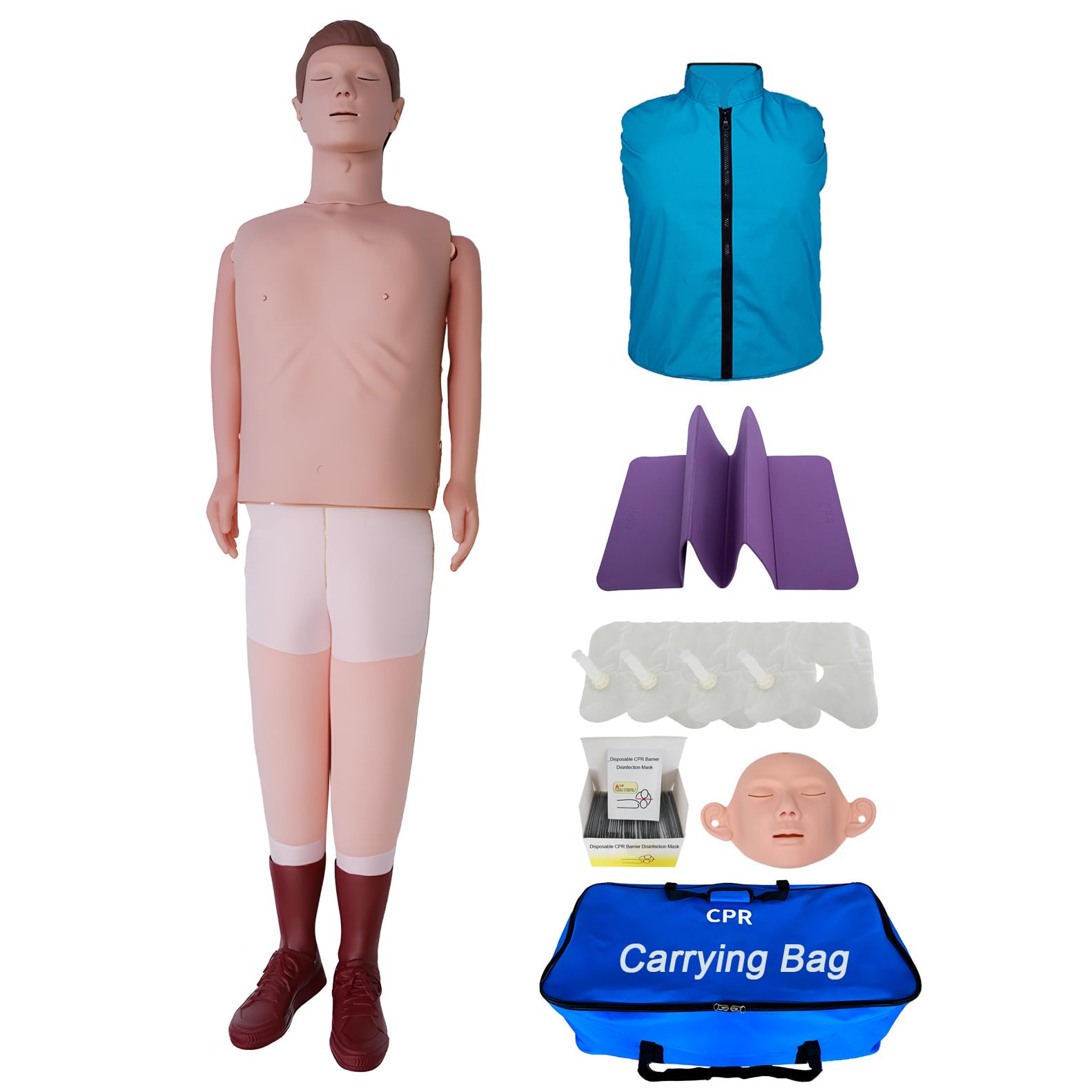 DRXRD Hilfe-Trainingspuppe Reanimationspuppe Lebensgroß CPR-Dummy mit Austauschbare Gesichtsmaske & 4 Austauschbare Lungenbeutel & Matte & Tragetasche für Üben und Zug