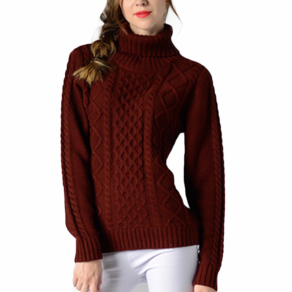 VERYCO Women Turtle Polo Neck Chunky Cable Knit Long Sleeve Pullover Jumper Sweater Tops (L, Wine Red)