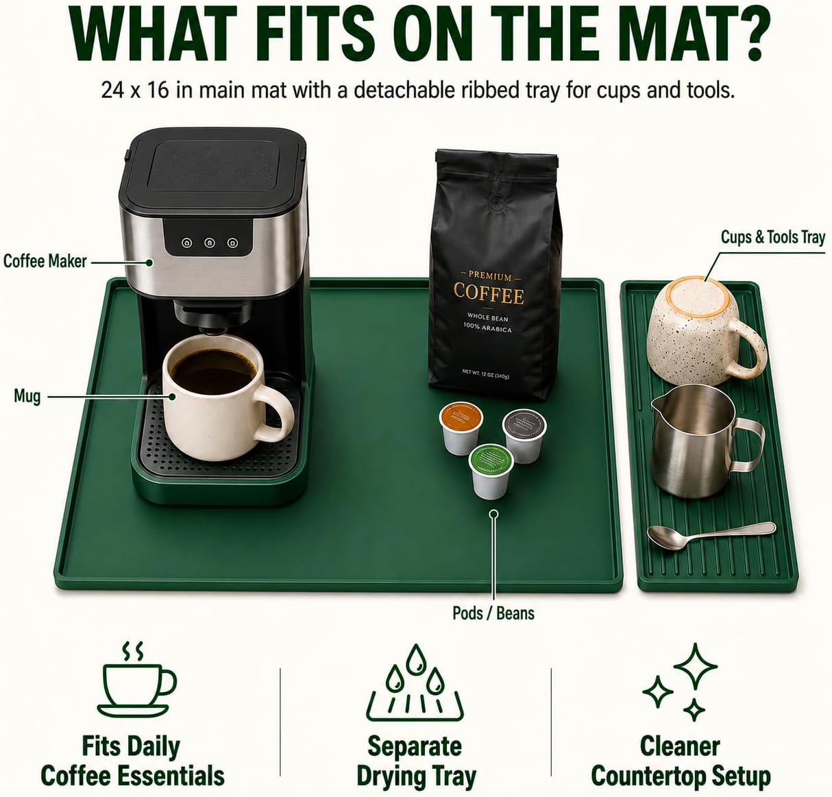 Silicone Coffee Mat 24 x 16 in with Tray, Deep Forest Green image 4